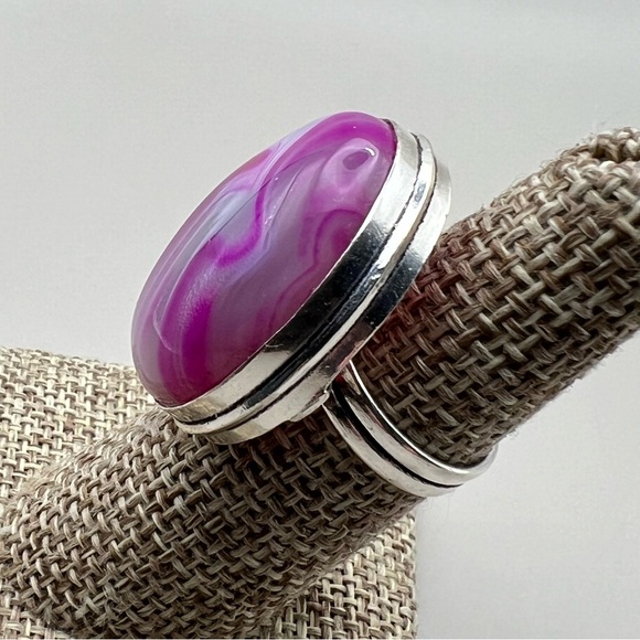 New Pink Botswana Agate Stone Silver Overlay Ring Size 5.5 - Picture 7 of 9